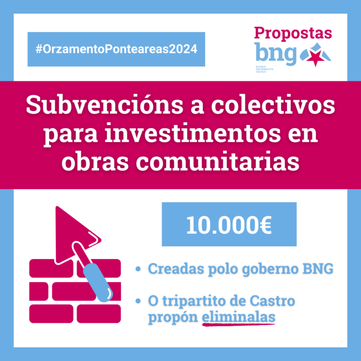 Propomos manter e aumentar axudas que o goberno tripartito de Nava Castro prop&oacute;n eliminar. Colectivos sociais, tra&iacute;das de augas, centros culturais, comercio, mocidade, igualdade e emerxencia social centran as nosas propostas.