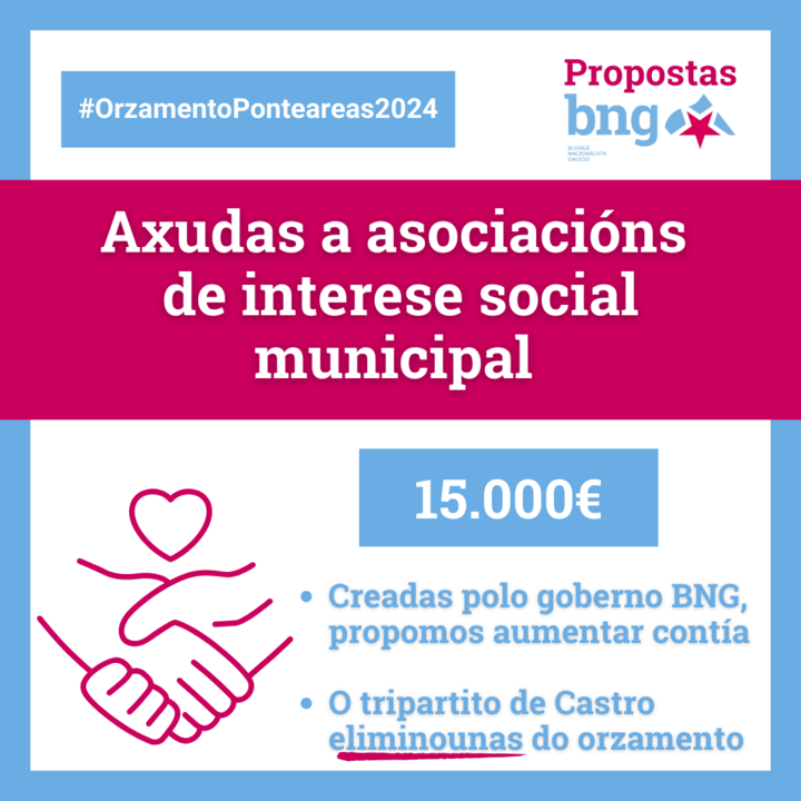Propomos manter e aumentar axudas que o goberno tripartito de Nava Castro prop&oacute;n eliminar. Colectivos sociais, tra&iacute;das de augas, centros culturais, comercio, mocidade, igualdade e emerxencia social centran as nosas propostas.